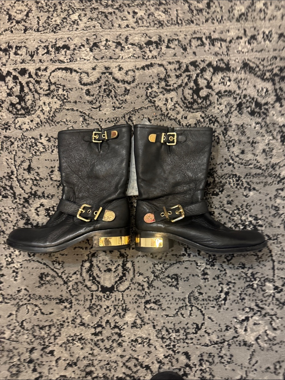 Vince Camuto Black Leather winchell moto Boots with Gold Hardware